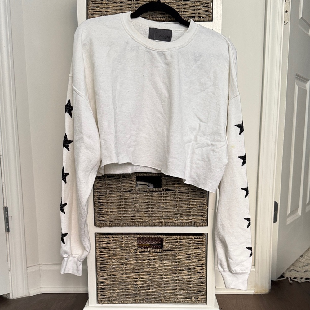 LF Carmar White Cropped Sweatshirt with Black Star Embellished Sleeves